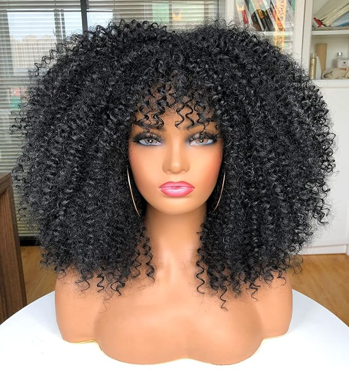 ANNIVIA 16inch Afro Kinky Curly Wig with Bangs for Black Women No Glue Full and Fluffy Like a Bom... | Amazon (US)