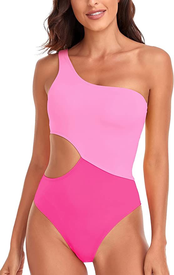 Beautikini Women's One Piece Swimsuit Sexy One Shoulder Bathing Suits Cut Out Asymmetric Colorblo... | Amazon (US)