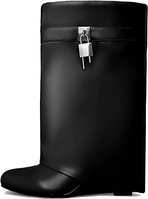 keleimusi Fold Over Wedge Boots Heeled PadLock Pant Knee High Shoes Tall/Short Booties | Amazon (US)