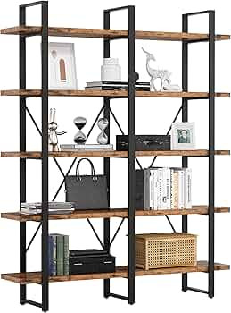 IRONCK Industrial Bookshelf and Bookcase Double Wide 5 Tier, Large Open Shelves, Wood and Metal B... | Amazon (US)