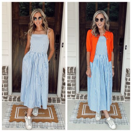 Walmart for the win with this square neck maxi dress – blue stripe – wearing extra small- the most flattering fit with pockets can be worn with a cardigan or on its own  

#LTKOver40 #LTKStyleTip #LTKxWalmart