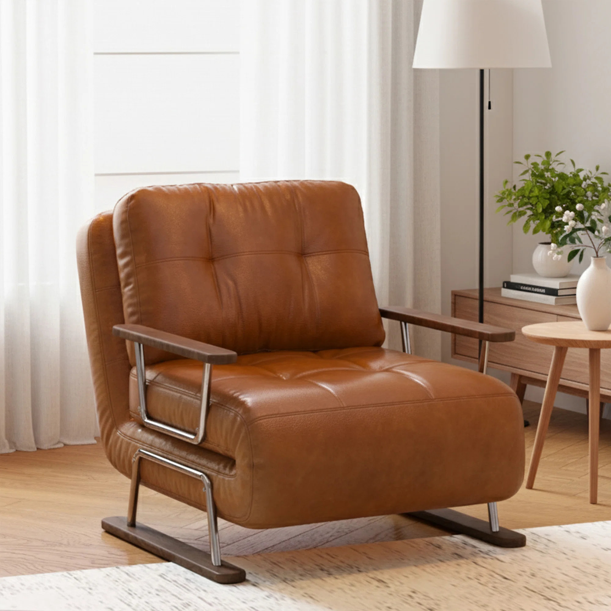 Caramel Faux-leather 4-in-1 Convertible Chair / Chaise / Sofa Bed – Foldable Space-saving Sleep... | Wayfair North America
