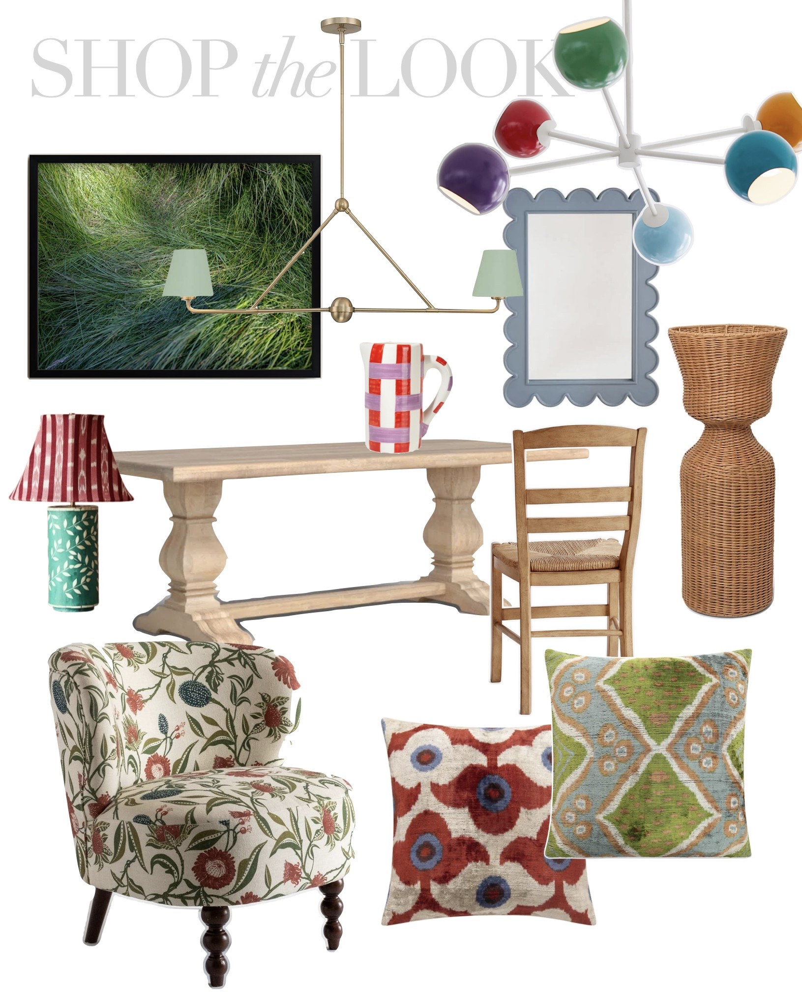 Colorful British interior design style, colorful home decor ideas, English country house style, House & Garden, scallop wall mirror, floral accent chair, wicker pedestal planter, ikat pillows

#LTKStyleTip #LTKHome