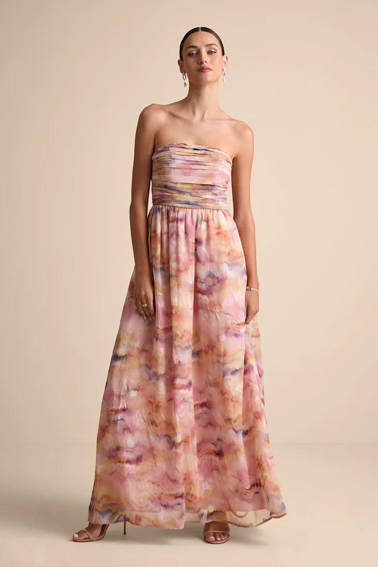 Mykala Light Pink Abstract Pleated Strapless Maxi Dress | Lulus