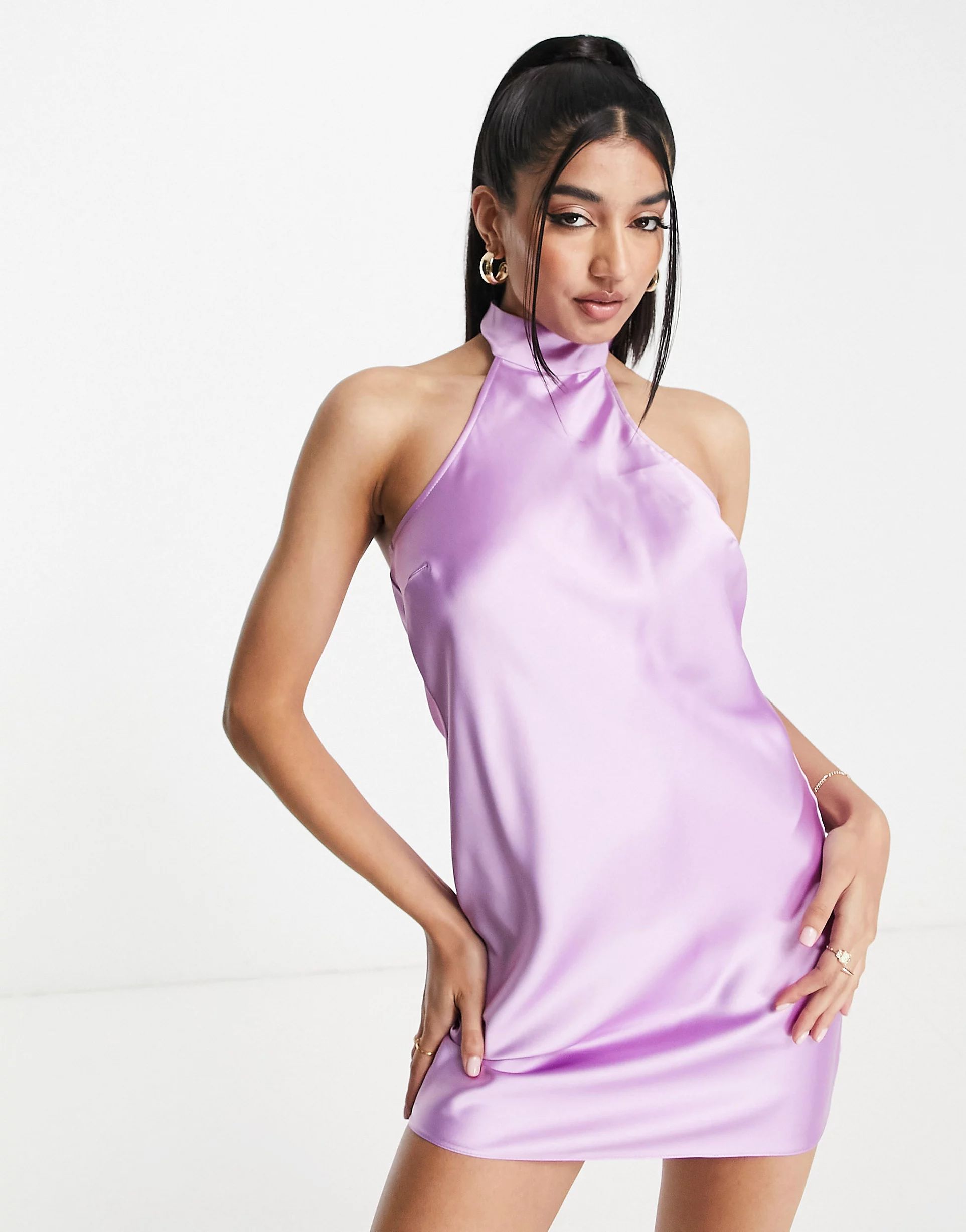 Miss Selfridge going out halter neck satin mini dress in lilac | ASOS (Global)