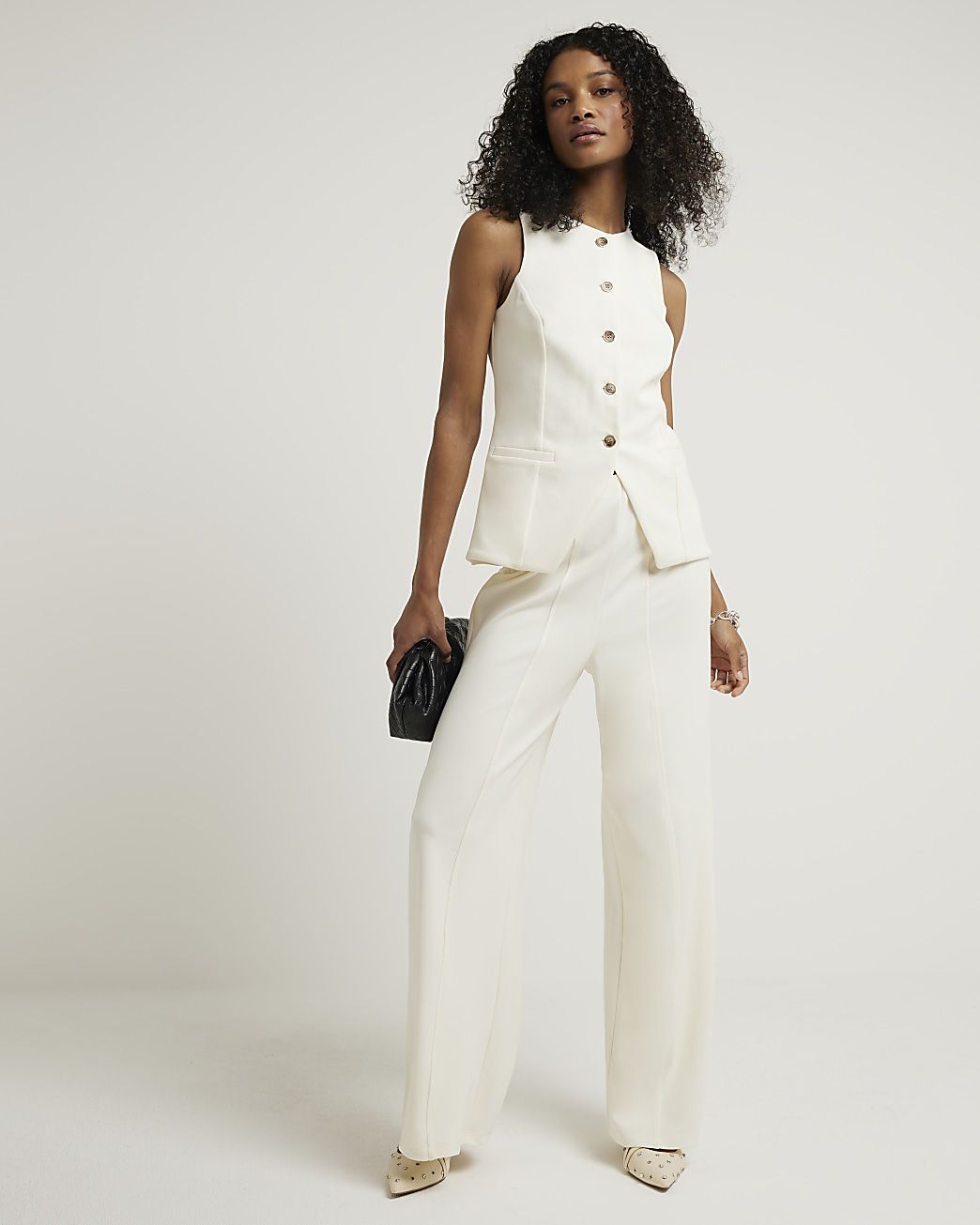 Cream stitched wide leg trousers | River Island (UK & IE)