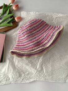 Joivida 1pc Rainbow Striped Hat, Women Vacation Outdoor Straw Woven Bucket Hat With Wide Brim, Sm... | SHEIN