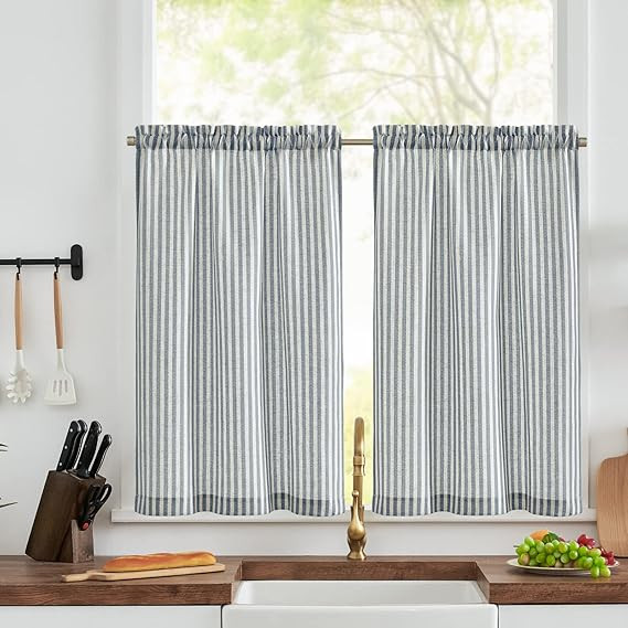 JINCHAN Kitchen Curtains Striped Tier Curtains Ticking Stripe Linen Curtains Pinstripe Cafe Curta... | Amazon (US)