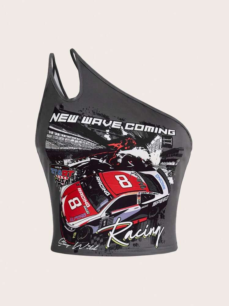 Coolane Plus Size Women's Streetwear Sportswear Blockcore Sport Racing Prints Biker Asymmetrical Neck Top, For Summer | SHEIN