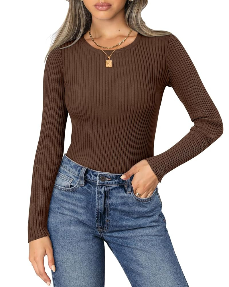 onlypuff Women's Crewneck T Shirts Slim Fitted Elegant Fall Ribbed Knit Casual Long Sleeve Tee To... | Amazon (CA)