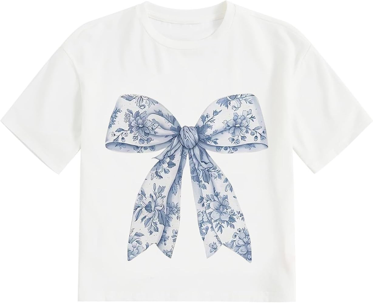 Girl's Graphic Print Tee Shirt Round Neck Short Sleeve T Shirts Summer Cute Trendy Tops | Amazon (US)