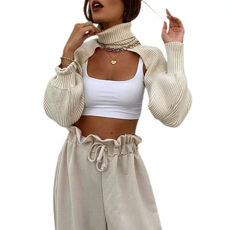 Women Knit Shrugs Pullover Mini Sweater Backless Long Puff Sleeve Club Knitwear Crop Top | Walmart (US)