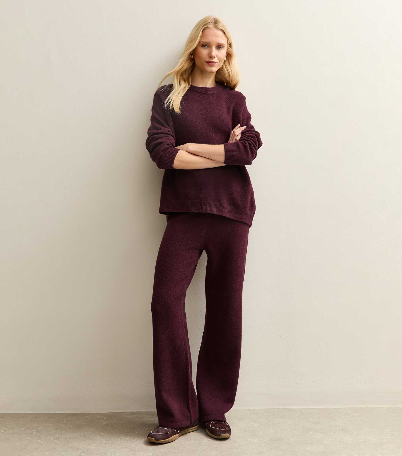 Dark Burgundy Knit Wide Leg Trousers | New Look | New Look (UK)