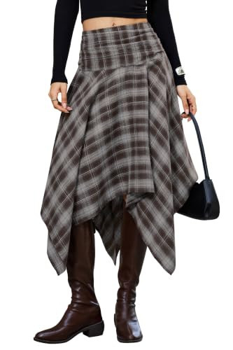 Bsubseach Women Asymmetrical Plaid Midi Skirt Y2k Handkerchief Fall Skirt | Amazon (US)