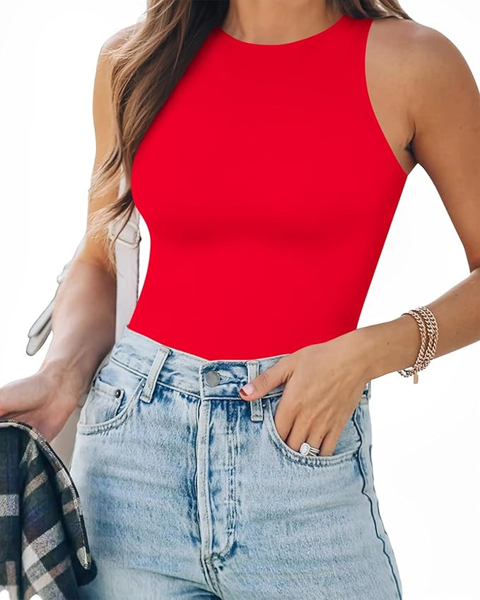 MANGOPOP Tank Top Body Suits Women Sexy Crew Neck Racerback Halter Ribbed Sleeveless Bodysuit for... | Amazon (US)