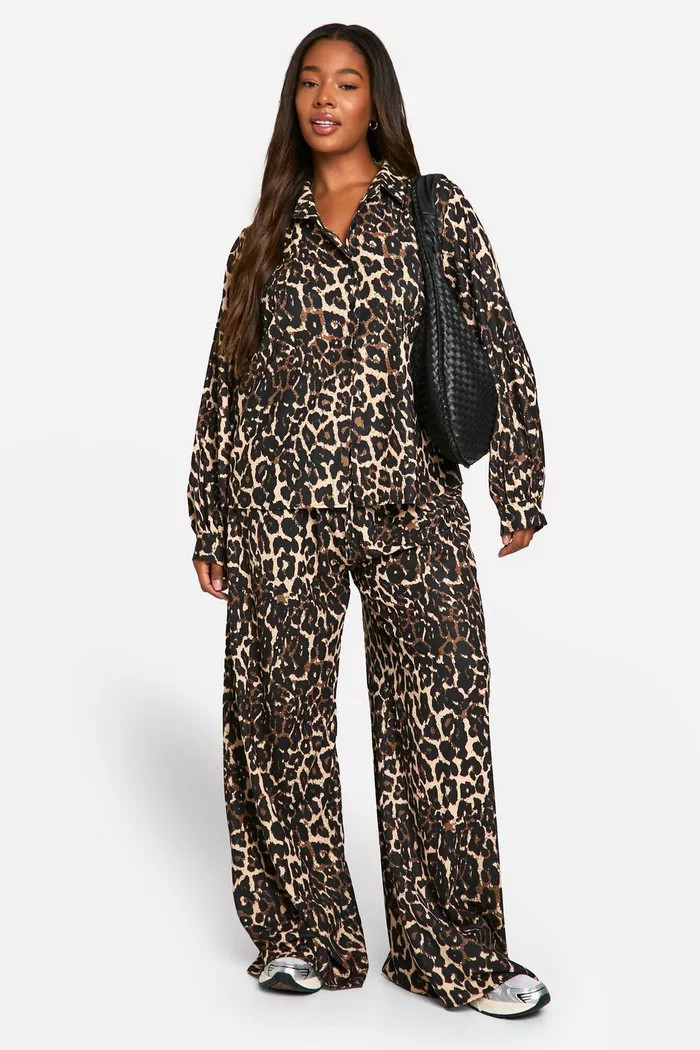 Plus Woven Leopard Shirt & Drawstring Wide Leg Trouser Co Ord | boohoo (US & Canada)