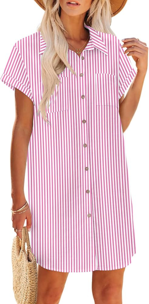 Zeagoo Summer Dresses for Women 2026 Cotton Button Down Short Sleeve Tshirt Dresses Casual Mini B... | Amazon (US)