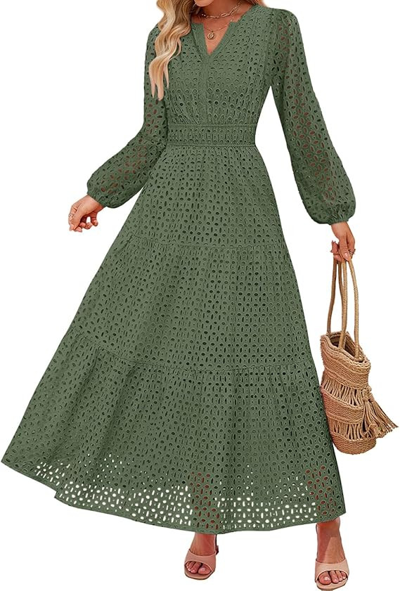 ZESICA Women's 2025 Fall Long Sleeve Maxi Dress V Neck Hollow Out Eyelet A Line Long Flowy Casual... | Amazon (US)