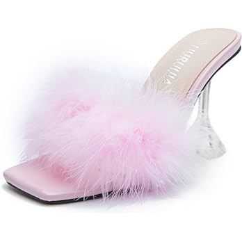 LIURUIJIA Women'S Square Toe Feathers High Heel Fur Mules Sandals Fuzzy Heels Fluffy Heels Weddin... | Amazon (US)