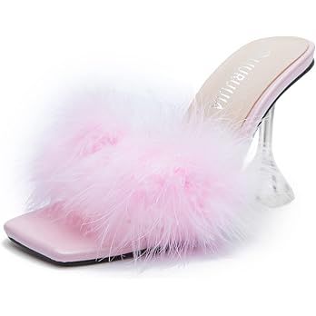 LIURUIJIA Women'S Square Toe Feathers High Heel Fur Mules Sandals Fuzzy Heels Fluffy Heels Weddin... | Amazon (US)
