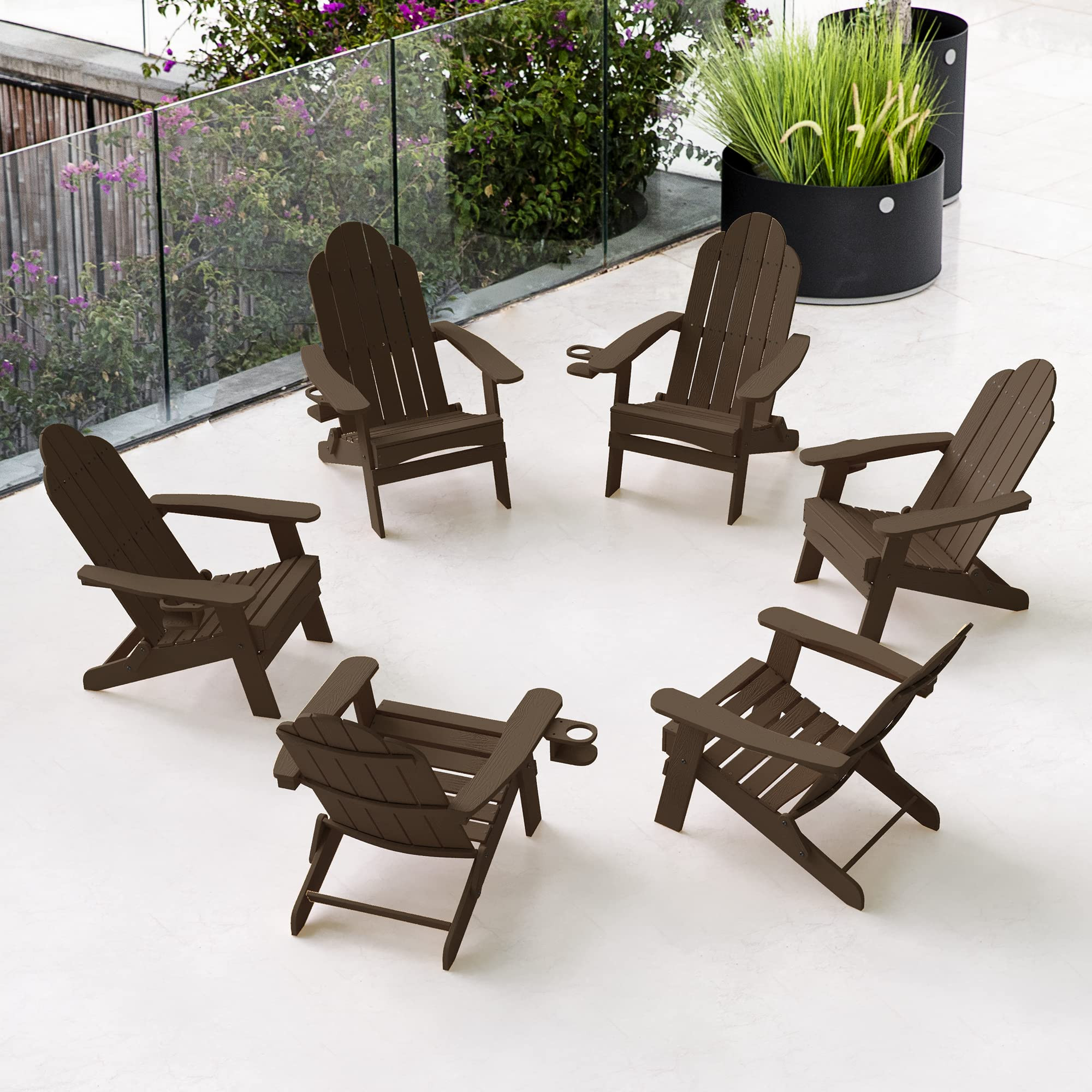 LUE BONA Folding Adirondack Chair Set of 6, HDPS Weather Resistant Patio Chair, 350lbs Heavy Duty, One-Step Folding for Balcony Garden, Wood Grain Texture, Outdoor Fire Pit Seating, Dark Brown | Amazon (US)