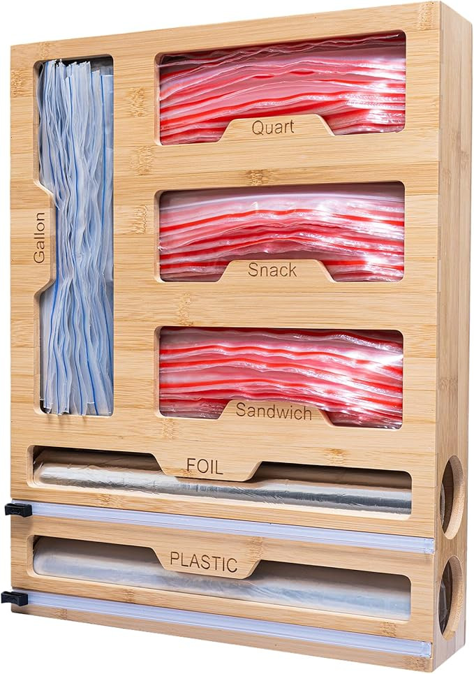 Bamboo Storage Bag Organizer for Drawer - 6 in 1 Foil and Plastic Wrap Organizer with Cutter, Pla... | Amazon (US)