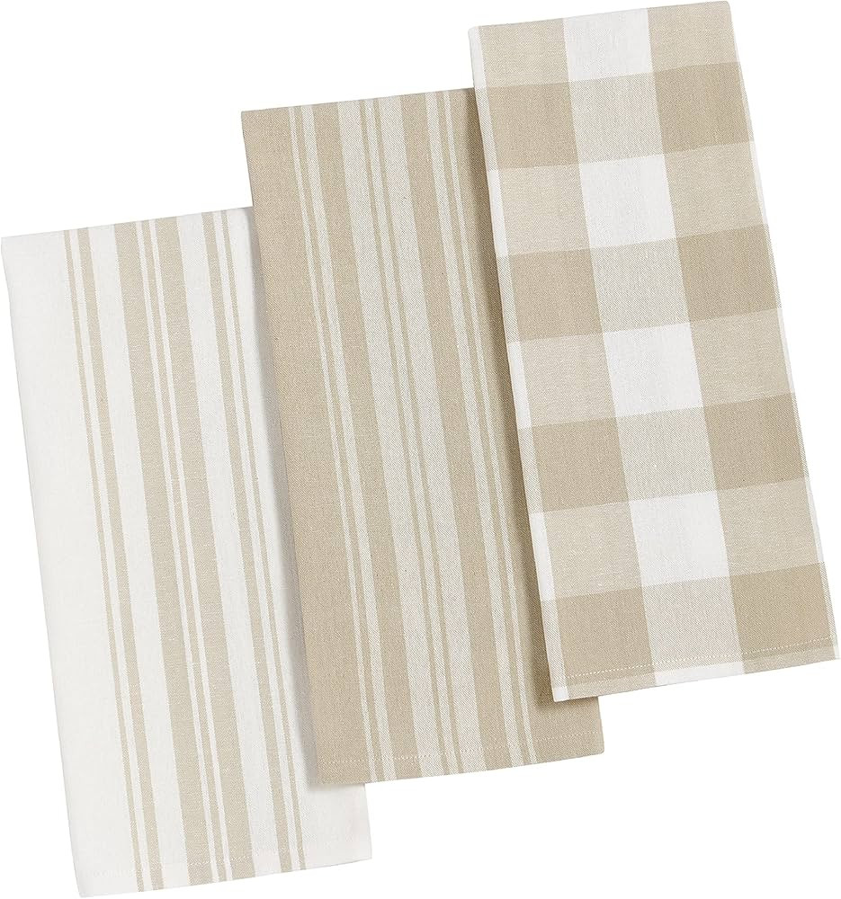 Elrene Home Fashions Farmhouse Living Stripe and Check Kitchen Towels, Set of 3, 17" x 28", Tan/W... | Amazon (US)