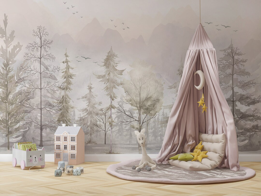 The Nordic Style Kids Wallpaper, European Style, Forest Woods Wall Mural, Peel and Stick Watercol... | Etsy (CAD)