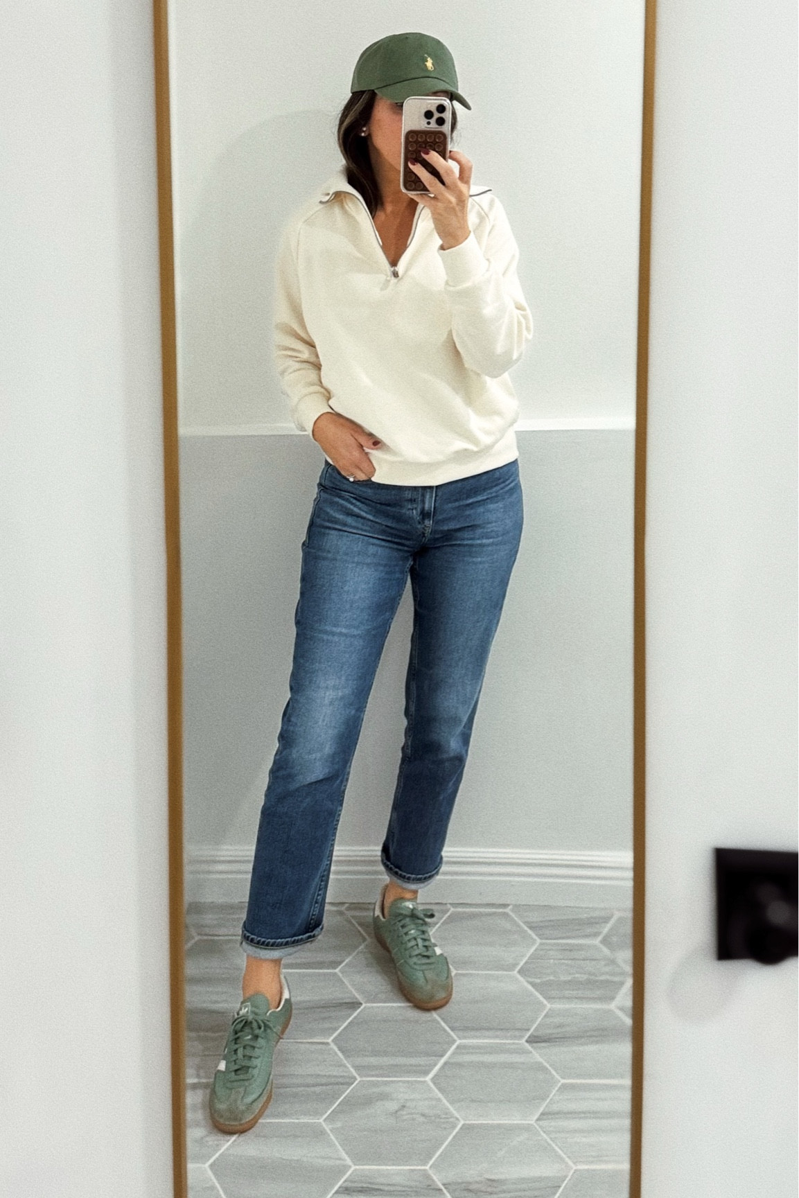 Saturday outfit -
Half zip sweatshirt in xs 
I sized up in straight leg jeans. 
Size down a half size in Adidas.  


#LTKStyleTip #LTKSeasonal #LTKShoeCrush