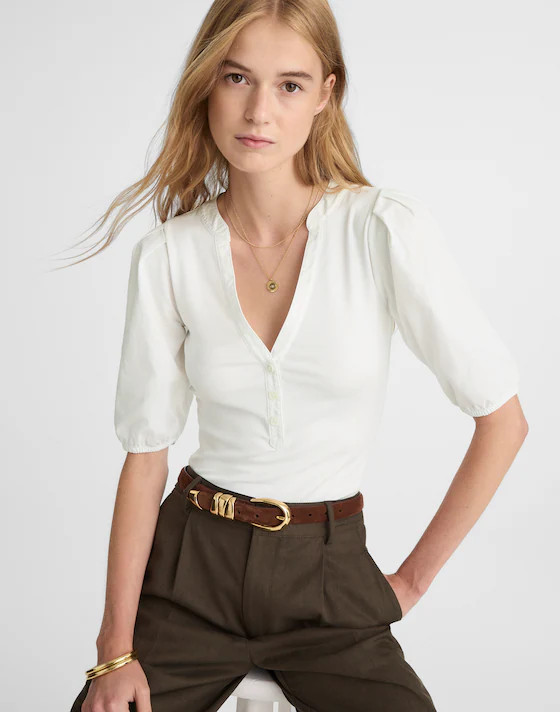 Puff-Sleeve Henley Knit Top | Madewell | Madewell