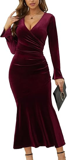 CYiNu Women's V Neck Wrap Velvet Dress Long Sleeve Elegant Mermaid Bodycon Cocktail Party Maxi Dr... | Amazon (US)