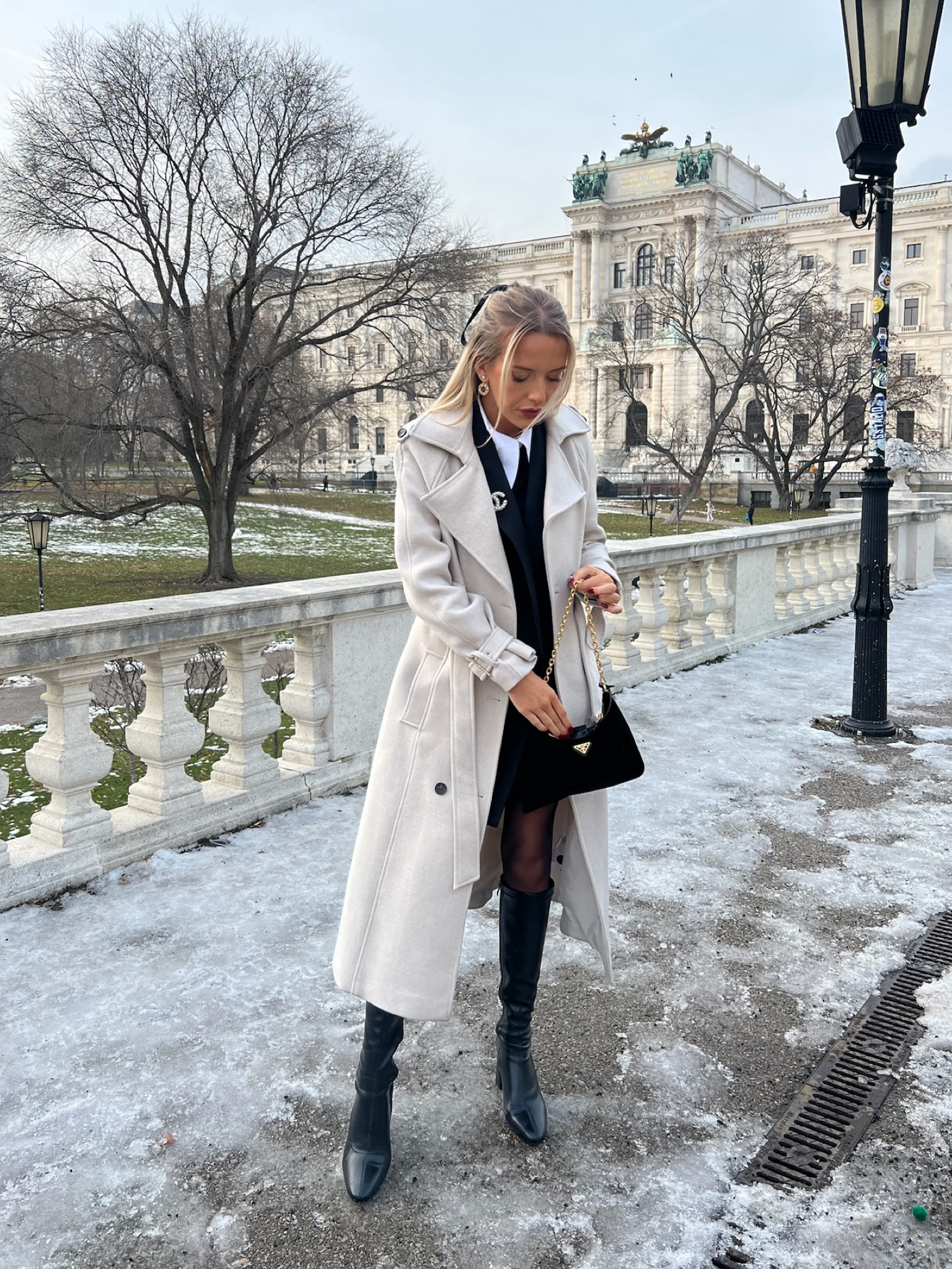 Karen Millen coat, black blazer dress, Simmi shoes boots, knee heigh boots, Prada bag, monochrome outfit, black tights, winter fashion 

#LTKstyletip #LTKSeasonal #LTKeurope