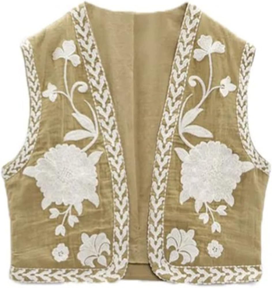 WOBONIU Women Vintage Floral Embroidered Crop Vest Casual National Open Front Sleeveless Cardigan... | Amazon (US)