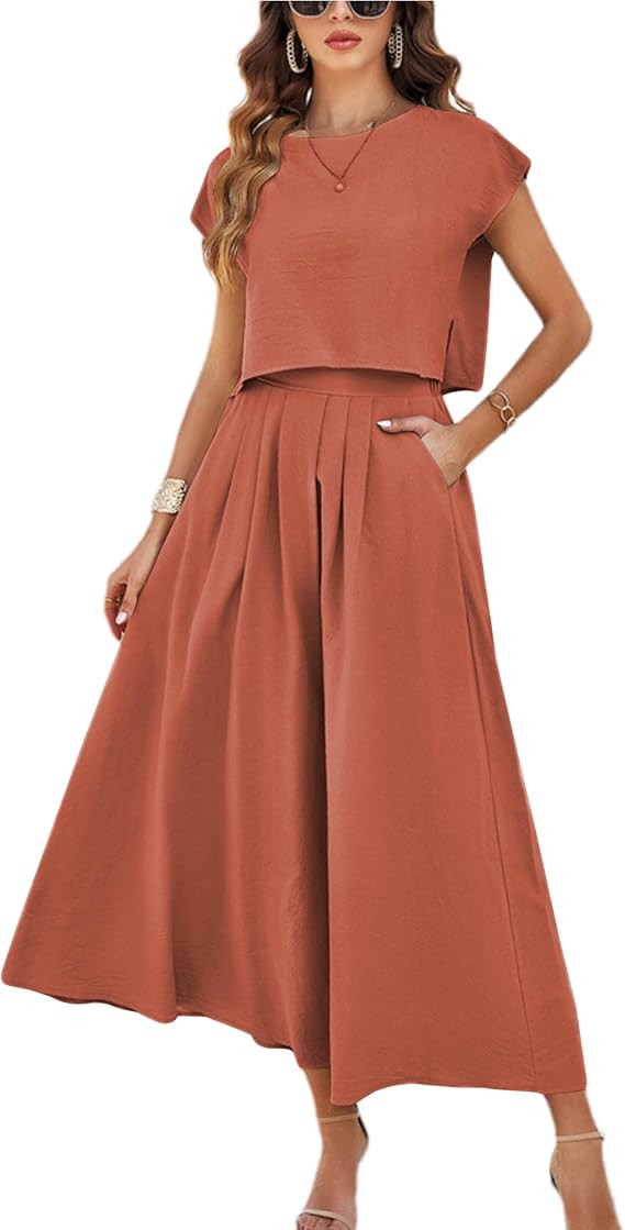 HangNiFang Summer Skirt Sets Women 2 Piece Outfits Cap Sleeve Top Elastic Waist Maxi Dress Sets w... | Amazon (US)