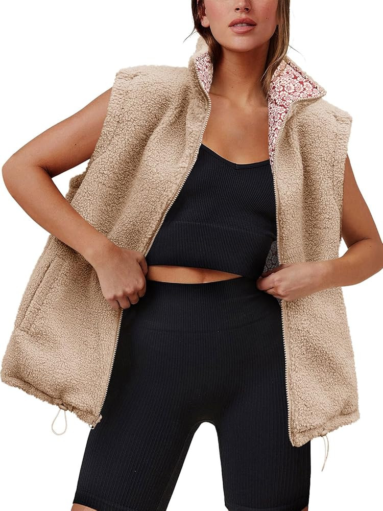 Tankaneo Womens Oversized Reversible Fleece Vest Floral Print Fall Sleeveless Jacket Stand Collar... | Amazon (US)