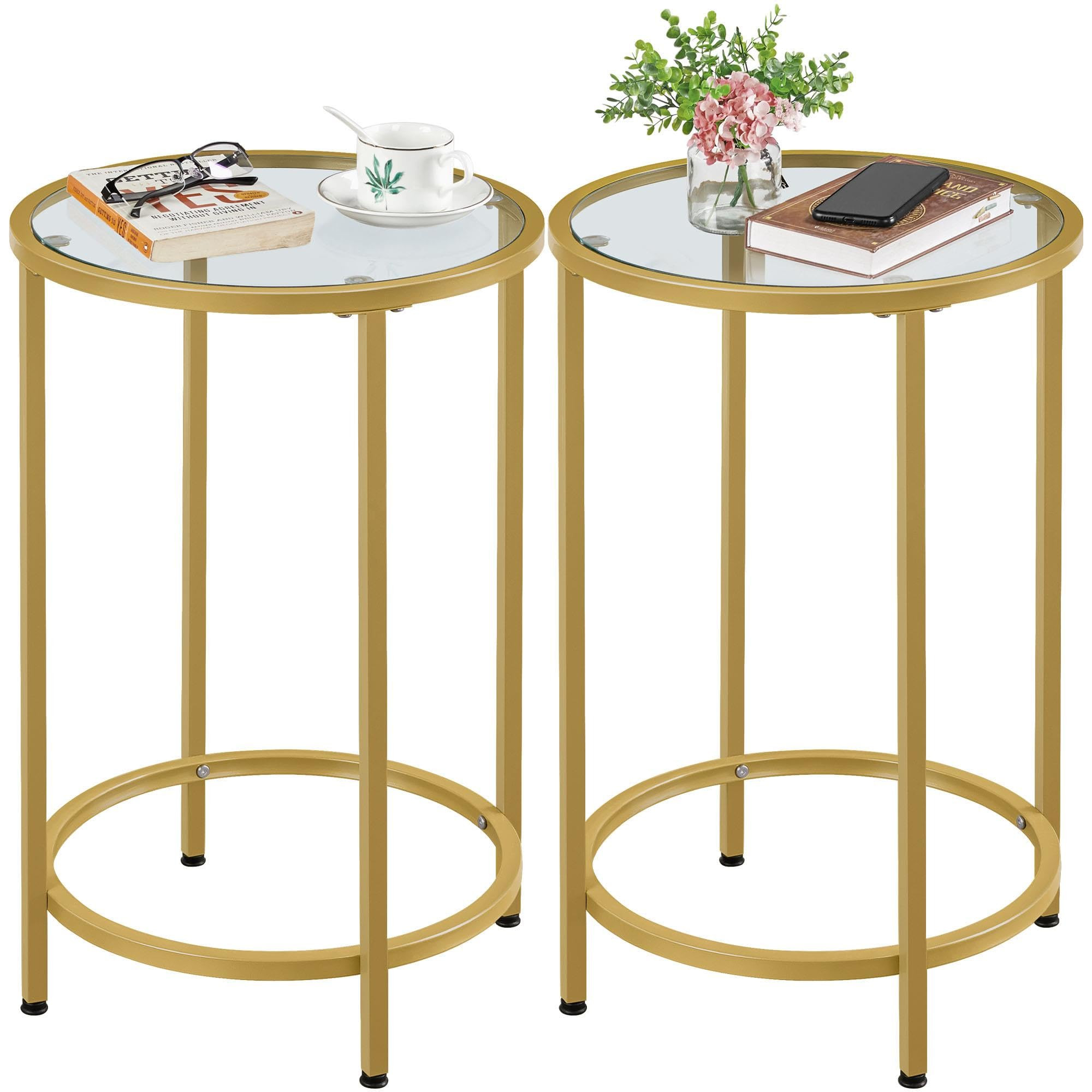 Yaheetech Gold Side Table Set of 2, Round End Tables Tall Nightstand Bedside Table Set w/Glass To... | Amazon (US)