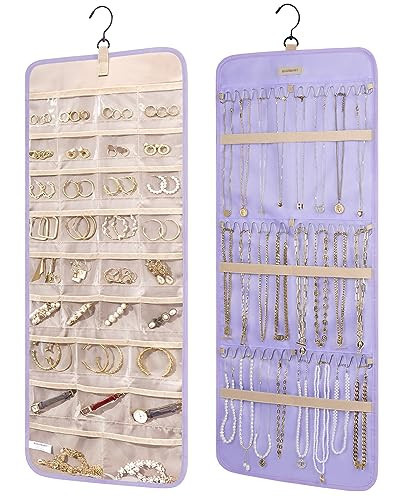BAGSMART Hanging Jewelry Organizer Storage Roll with Hanger Metal Hooks Double-Sided Jewelry Holder for Earrings, Necklaces, Rings on Closet, Wall, Door, 1 piece, Large, Light Purple | Amazon (US)