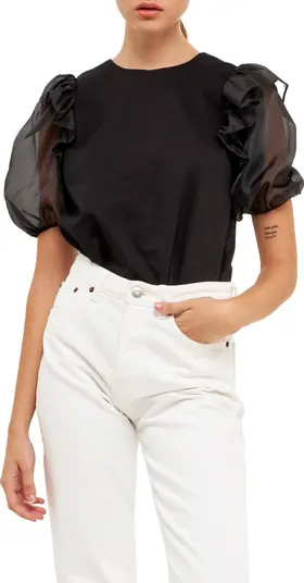 English Factory Mixed Media Organza Ruffle Puff Sleeve Top | Nordstrom | Nordstrom