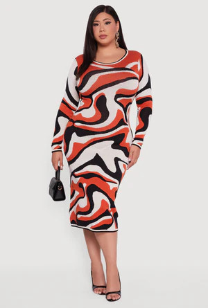 Plus Size Swirl Printed Pattern Sweater Dress | Rainbow Shops