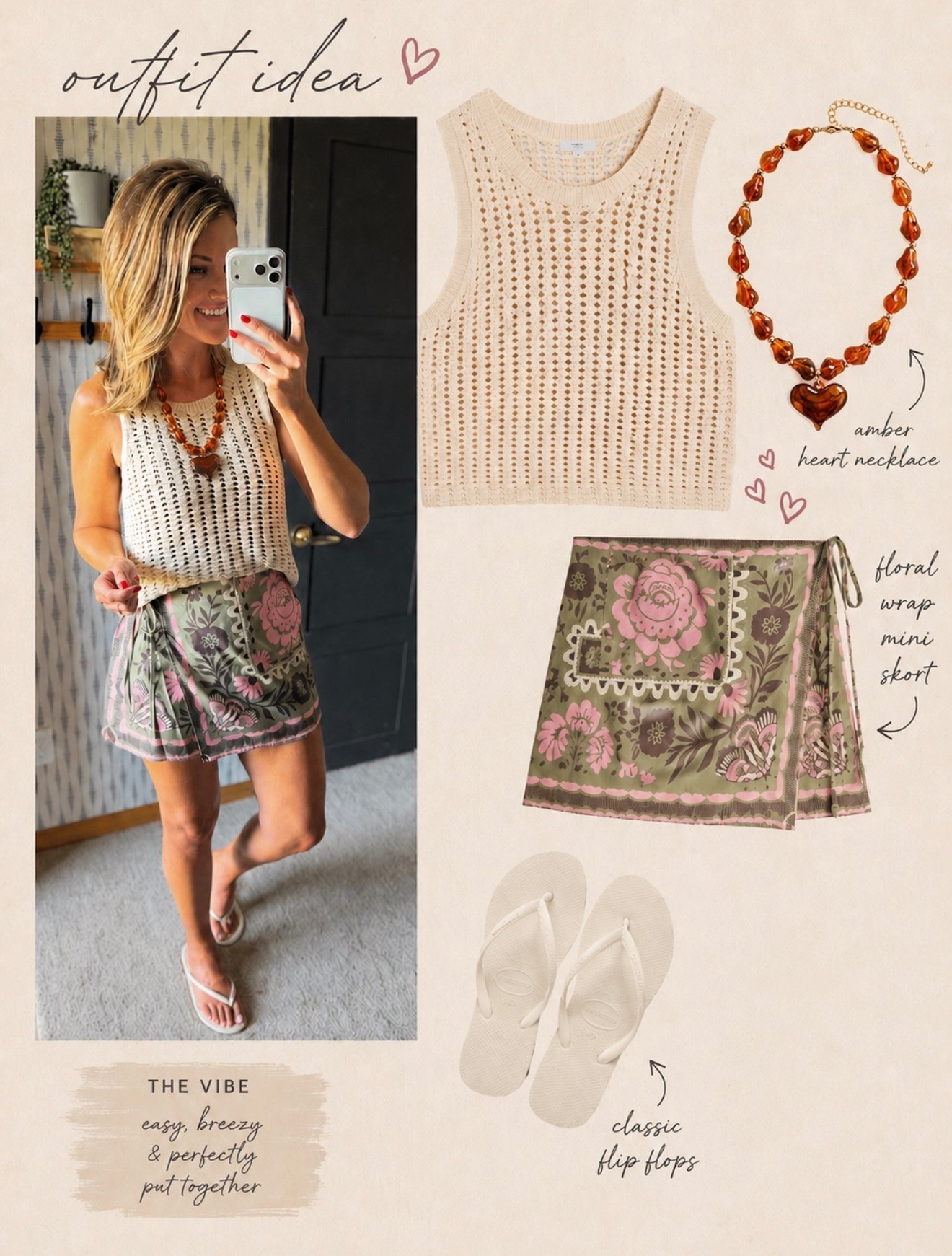 This crochet tank, floral wrap skirt, amber heart necklace, and flip-flops all work together for a cute, affordable summer fashion vibe.
Top/small
Skort / medium

#LTKOver40 #LTKSeasonal