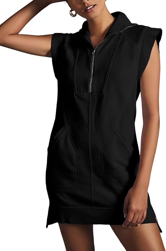 Qiaomai Womens Half Zip Sweatshirt Dresses Summer V Neck Sleeveless Pullover Tunic Tops Mini Dres... | Amazon (US)