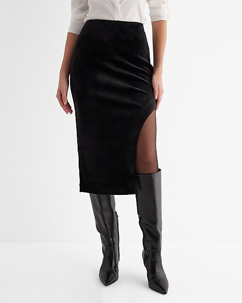 Super High Waisted Velvet Side Cutout Midi Skirt | Express