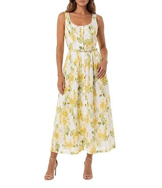 Moda Tara Scoop Neck Sleeveless Floral Print Belted Midi Dress | Dillard's | Dillard's