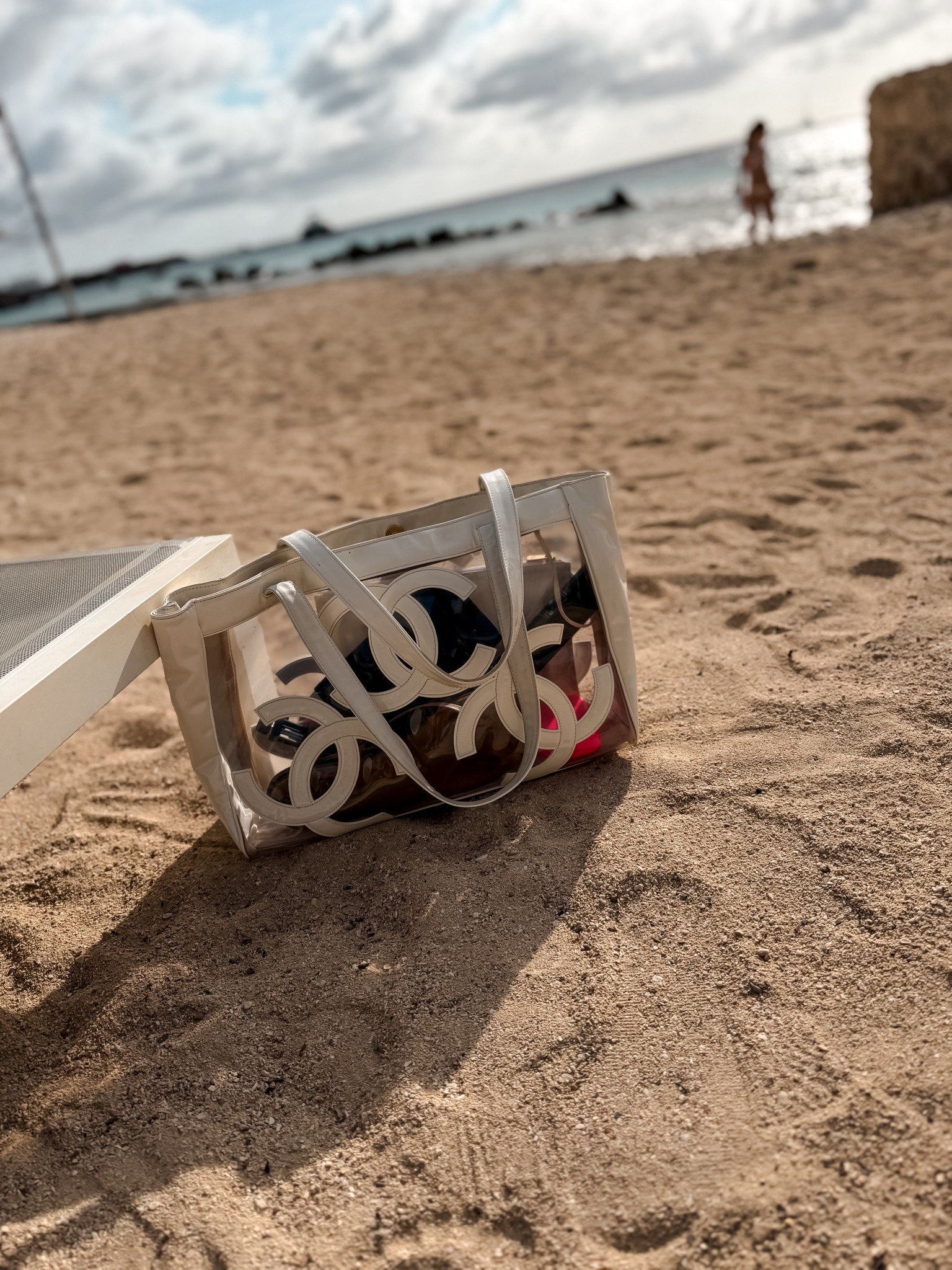 Vintage Chanel beach bag, tote vinyl white beach bag for luxury resort vacations