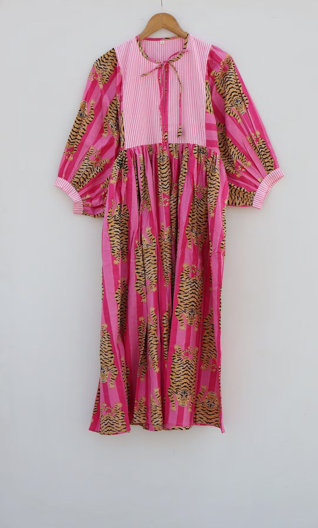 Pink Stripes Tiger Midi Dress, Mini Dress, Long Block Print Dress, Deep Neck With String Closer -... | Etsy (US)