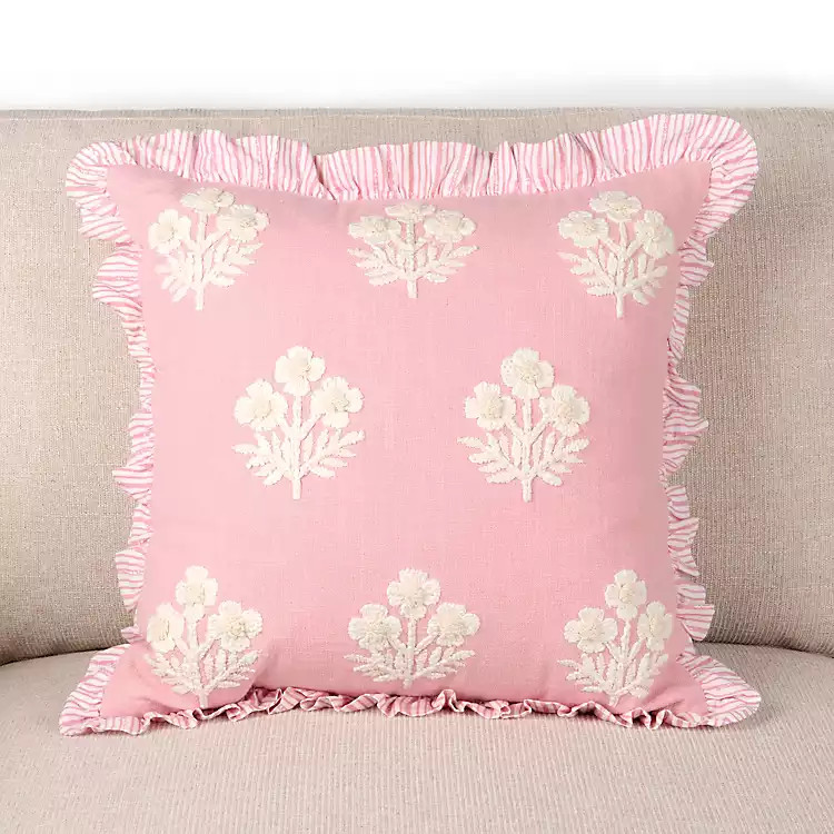 New! Pink Embroidered Floral Ruffle Flange Pillow | Kirklands