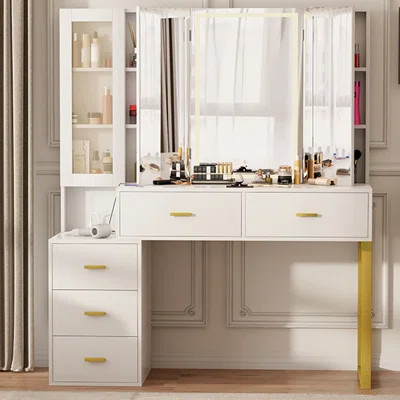 Cornelius Makeup Vanity Desk with Tir-fold Lighted Mirror | Wayfair North America