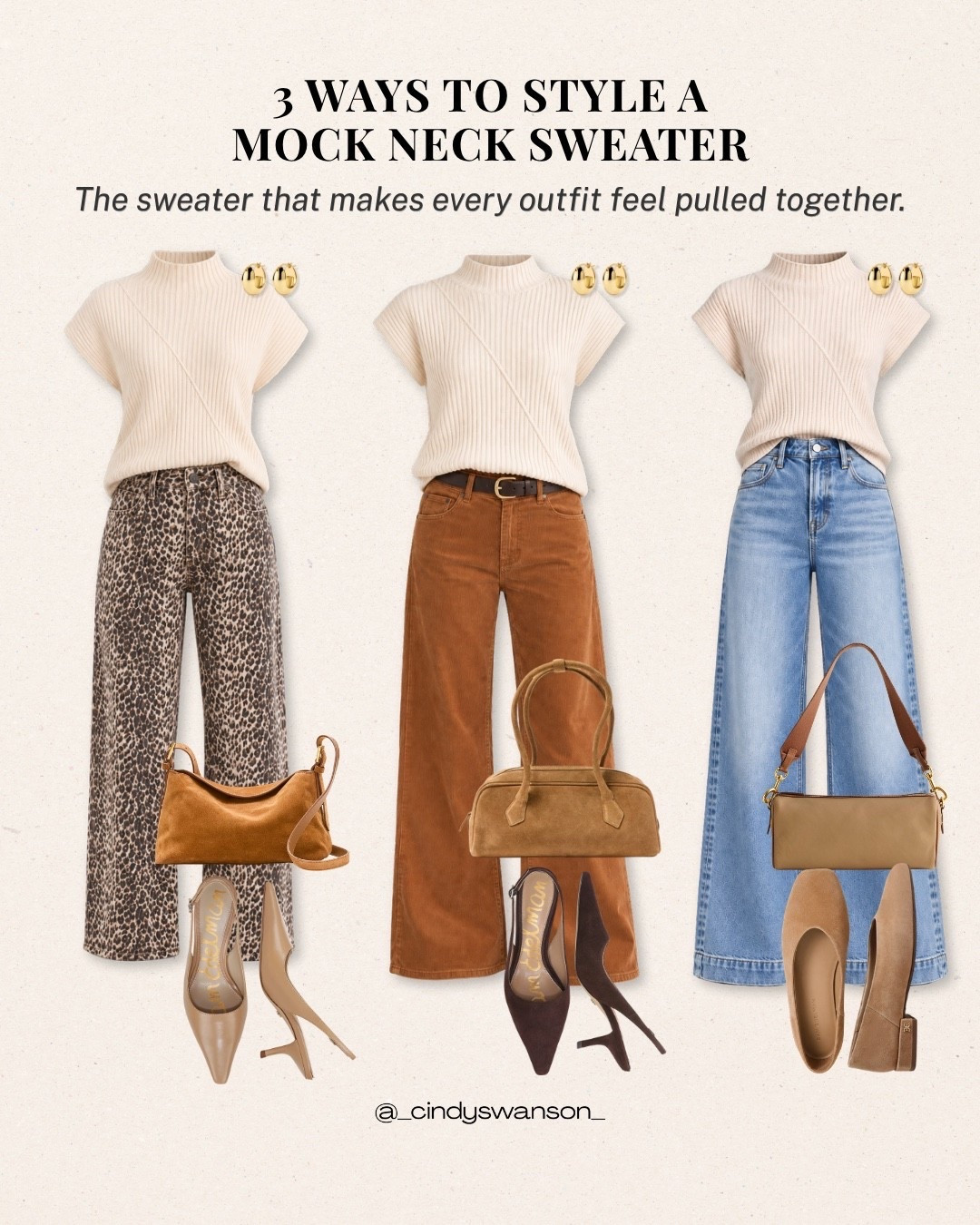 A mock neck sweater is one of my favorite ways to make an outfit feel instantly pulled together. This soft neutral style works beautifully with leopard-print pants for a little pattern, warm brown pants for a tonal look, or classic denim when you want something simple and timeless.

#LTKootd #LTKOver40