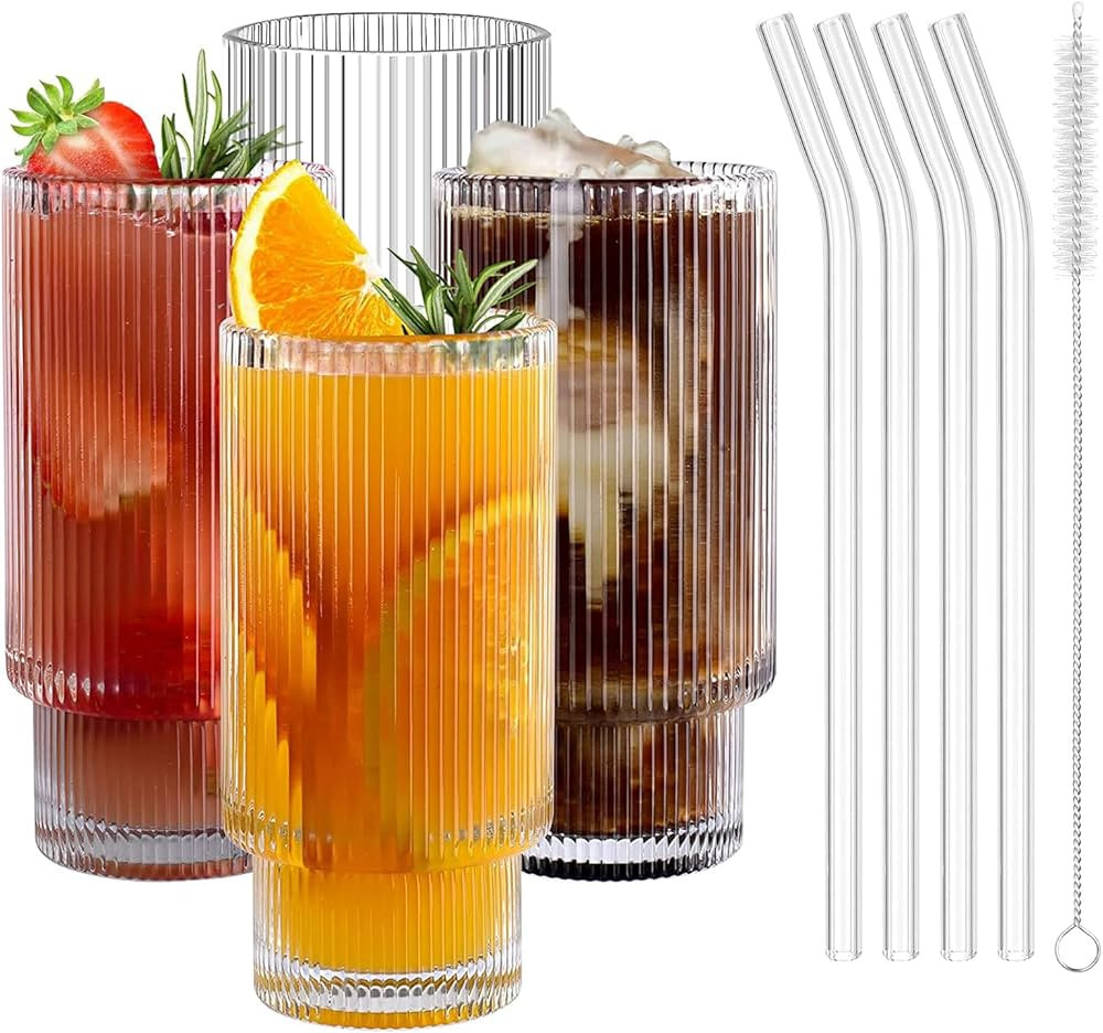 EthCat Ribbed Drinking Glasses, Glass Cups with Straws 11oz Set of 4, Vintage Ribbed Glassware fo... | Amazon (CA)