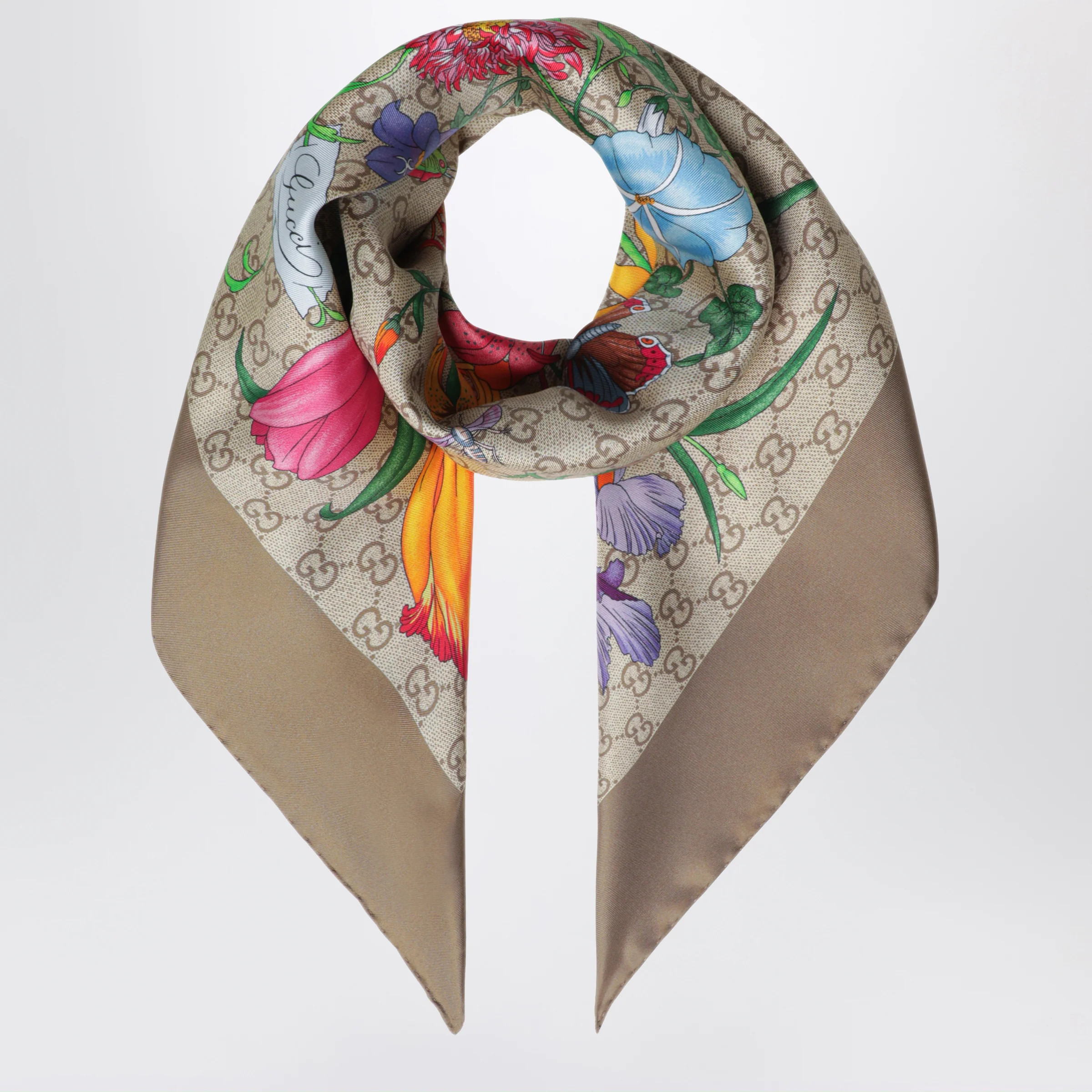 Silk twill carré with GG Flora print in light brown | Gucci (US)